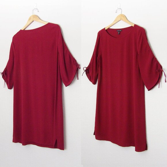Eileen Fisher 100% Silk Ruched Sleeve Shift Dress In Dark Tulip S Burgundy $378 - Picture 14 of 15